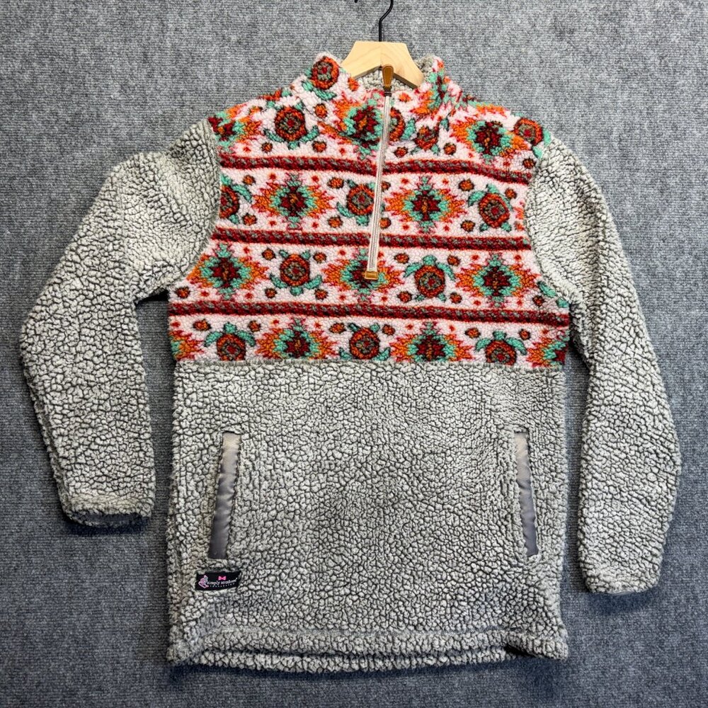 Simply Southern Sherpa Quarter Zip Pullover Gray Aztec Print Zip Pockets Size S